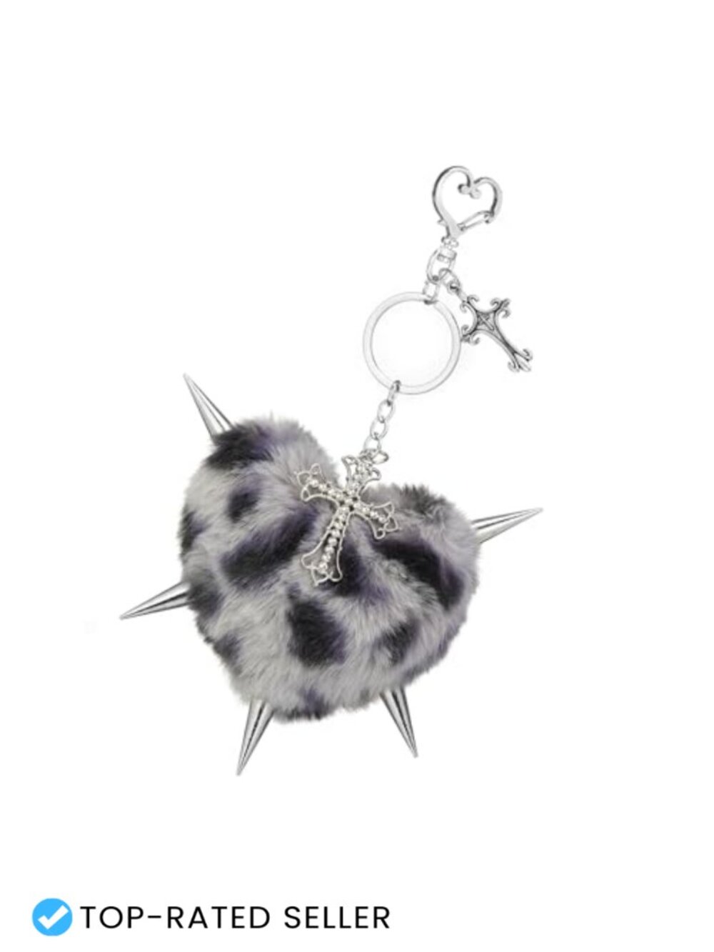 Gothic Plush Heart Keychain with Cross Charm - Faux Fur Bag Charm